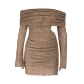 Textured long sleeve off shoulder hollow out cut out mini dress