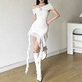 Off shoulder flower applique ruffle ruched mini dress