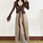 Long flared sleeve mesh ruffle top