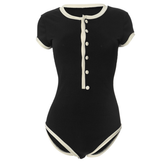 Button ribbed short sleeve round neck bodysuit