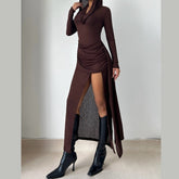 Hoodie long sleeve slit ruched maxi dress