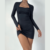 Long sleeve high neck hollow out self tie cut out mini dress