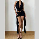 Cowl neck halter self tie low rise pant set