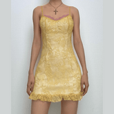 V neck lace ruffle butterfly pattern cami mini dress
