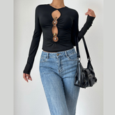 Long sleeve hollow out ruched crewneck cut out top