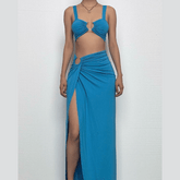 O ring ruched crop high slit cami maxi skirt set