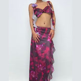 Irregular v neck flower print ruffle slit midi skirt set