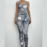 Denim print cross back u neck sleeveless jumpsuit-final-sale