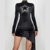Star pattern beaded irregular long sleeve high neck ruffle mini dress-final-sale