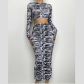 Contrast print long sleeve backless hollow out ruched cut out midi skirt set-final-sale
