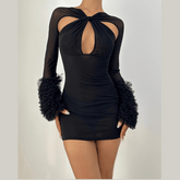 Long sleeve ruffle hollow out mesh cut out mini dress