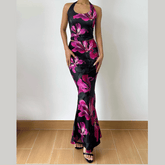 Halter self tie u neck flower print maxi skirt set