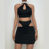 Halter turnover collar hollow out mini skirt set-final-sale