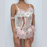 Ruffle bowknot lace metal chain top