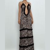 Halter deep v neck leopard print ruffle maxi dress