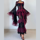 Lace long flared sleeve beaded flower applique maxi dress