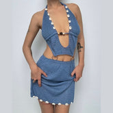 Halter self tie o ring hollow out knitted cut out mini dress