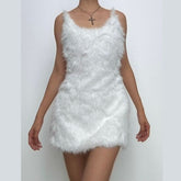 U neck fluffy zip-up backless cami mini dress
