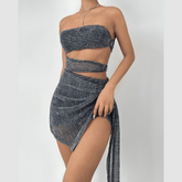 O ring hollow out irregular ruffle ribbed ruched tube cut out mini dress