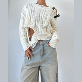 Long sleeve buckle knitted hollow out cut out top