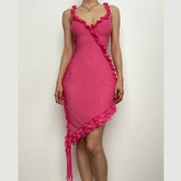 Sheer mesh see through ruffle solid cross back irregular mini dress-final-sale