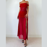 Ruched square neck slit halter cami maxi dress