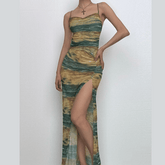 Sheer mesh contrast high slit ruched knotted cami maxi dress