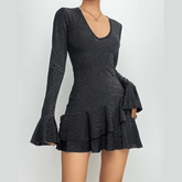 Textured v neck ruffle irregular long flared sleeve mini dress-final-sale
