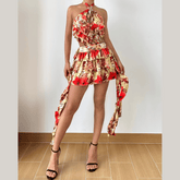Hollow out halter self tie ruffle print cut out mini dress