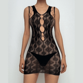 U neck hollow net patchwork tank mini dress