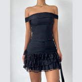 Off shoulder bowknot ruffle ruched mini skirt set