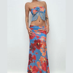 Mesh flower print ruched contrast maxi dress