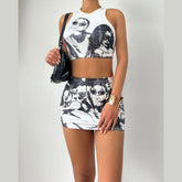 Sleeveless abstract print crewneck mini skirt set