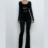 Long sleeve drawstring ruched patchwork jumpsuit