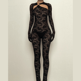 Lace see through zip-up solid long sleeve gloves hollow out jumpsuit-final-sale