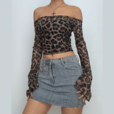 Long sleeve off shoulder leopard print ruffle top