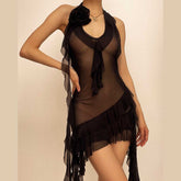 See through halter sheer mesh ruffle flower applique mini dress-final-sale