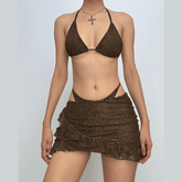 Lace ruffle cami 3 piece mini skirt set