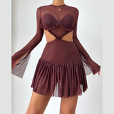 Crewneck long sleeve mesh ruched mini dress