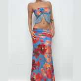Ruffle flower applique print lace hem tube top