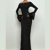 Long flared sleeve off shoulder ruched slit maxi dress-final-sale