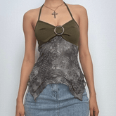 Ruched buckle print mesh ruffle cami top