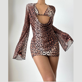 Leopard print long sleeve halter 3 piece mini skirt set