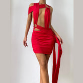 Ruched hollow out irregular o ring cut out mini dress