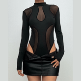 Long sleeve crewneck mesh patchwork bodysuit