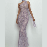 Halter one shoulder leopard print sheer mesh maxi dress-final-sale