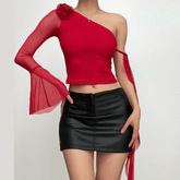 Long flared sleeve one shoulder mesh flower applique backless top-final-sale