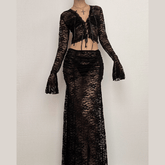 Long flared sleeve lace see through maxi skirt set-final-sale