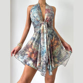 Halter v neck mesh contrast ruffle mini dress