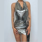 Halter ruched cowl neck metallic button mini dress